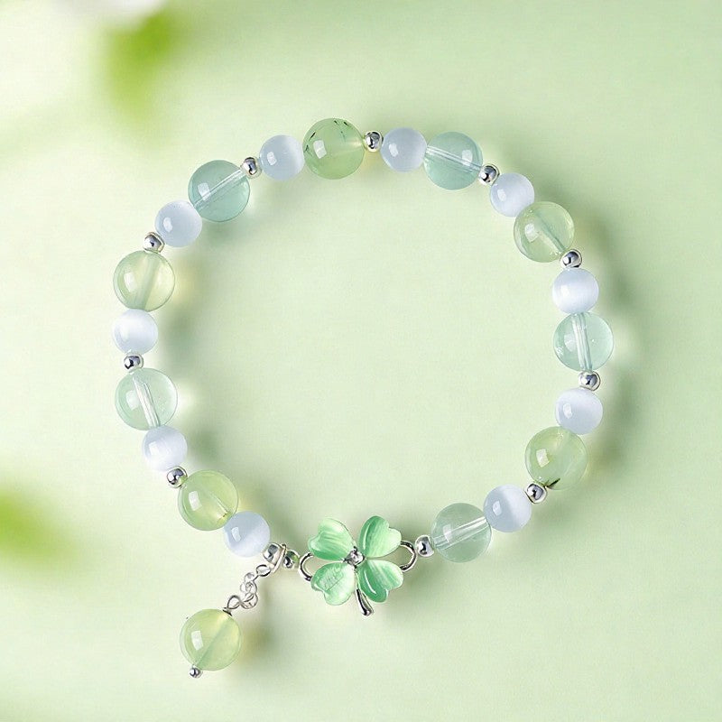 Buddha Stones Prehniet Rozenkwarts Blauwe Chalcedoon Geluksklaver Armband - Prehnietfluoriet (Polsomtrek: 14-15 cm) - image 0