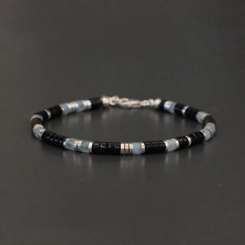 Buddha Stones Beschermende elastische Armband met zwarte onyx en blauwe chalcedoon - Blauwe chalcedoon en zwarte onyx (Polsomtrek: 16-18 cm) - image 0