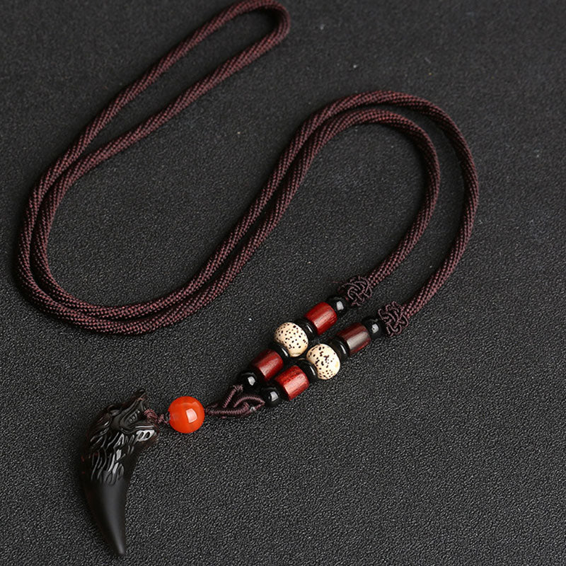 Buddha Stones Ketting met wolventandpatroon en natuurlijke ijsobsidiaan - 41* 14mm IJsobsidiaan &amp; Bodhizaad &amp; Bruin touw - image 8