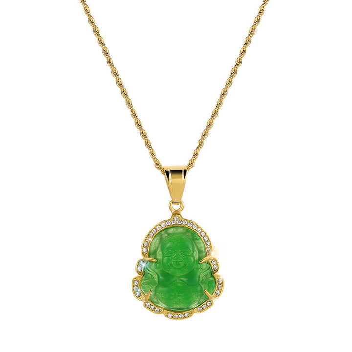 Buddha Stones Ketting met lachende Boeddha van jade, 18 karaats verguld - Groente - image 2