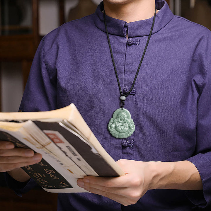 Buddha Stones Lachende Boeddha kettinghanger van natuurlijke jade en koper met Ketting voor overvloed - image 4