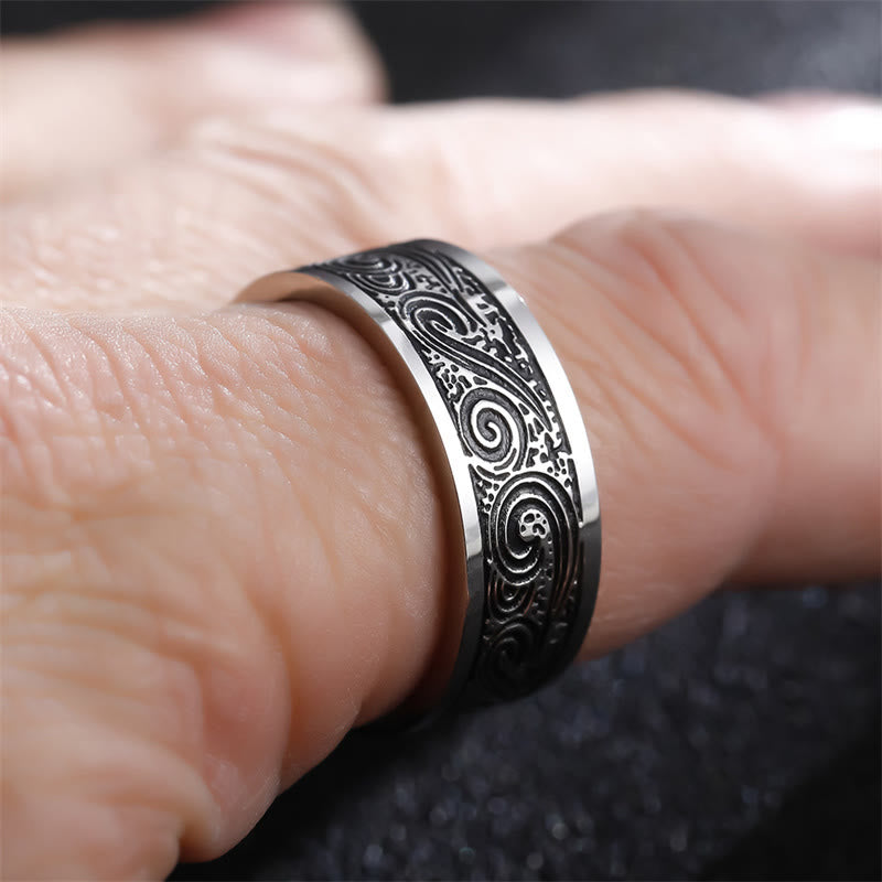 Buddha Stones Vintage Wave Gelukbrengende Wolken Gegraveerd Patroon Titanium Stalen Ring - image 3