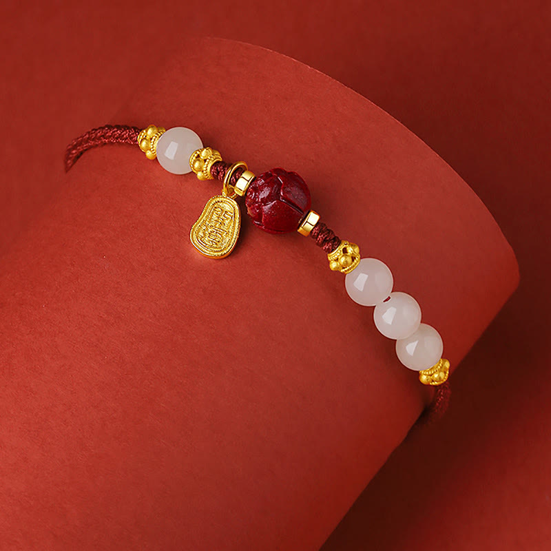 Buddha Stones 24-karaats vergulde Hetian witte jade cinnaber lotus Armband - image 2