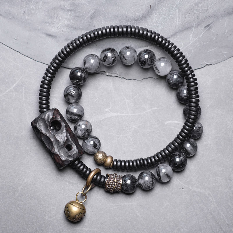 Buddha Stones Armband voor stellen met zwarte rutielkwarts, ebbenhout en koper, symbool van wijsheid. - 18 cm - image 0