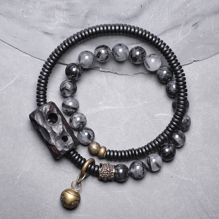 Buddha Stones Armband voor stellen met zwarte rutielkwarts, ebbenhout en koper, symbool van wijsheid. - 18 cm - image 0