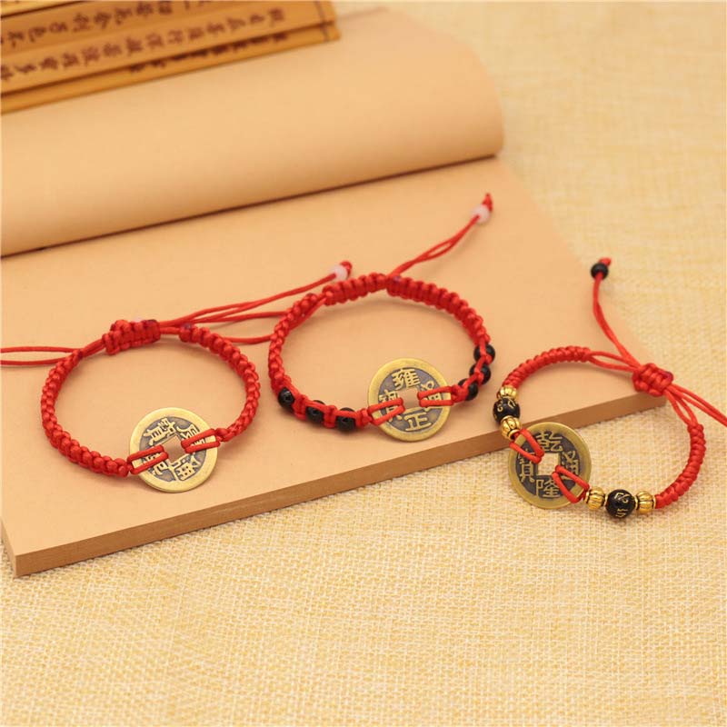 Buddha Stones Koperen munt geluksarmband met rood Armband - image 1