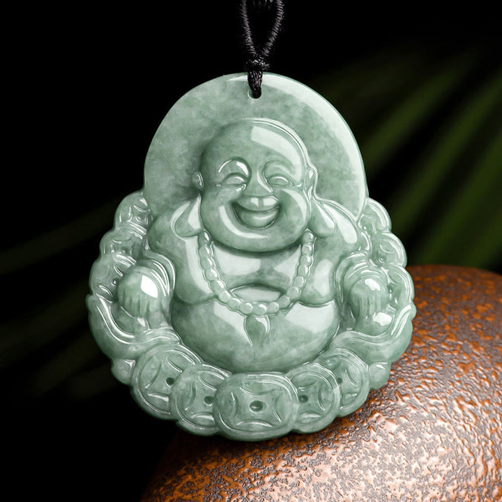 Buddha Stones Lachende Boeddha kettinghanger van natuurlijke jade en koper met Ketting voor overvloed - Lachende Boeddha (Geluk♥Rijkdom) - image 0