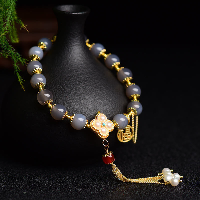 Buddha Stones Natuurlijke grijze agaat Fu karakter parel kwastje Armband - image 1