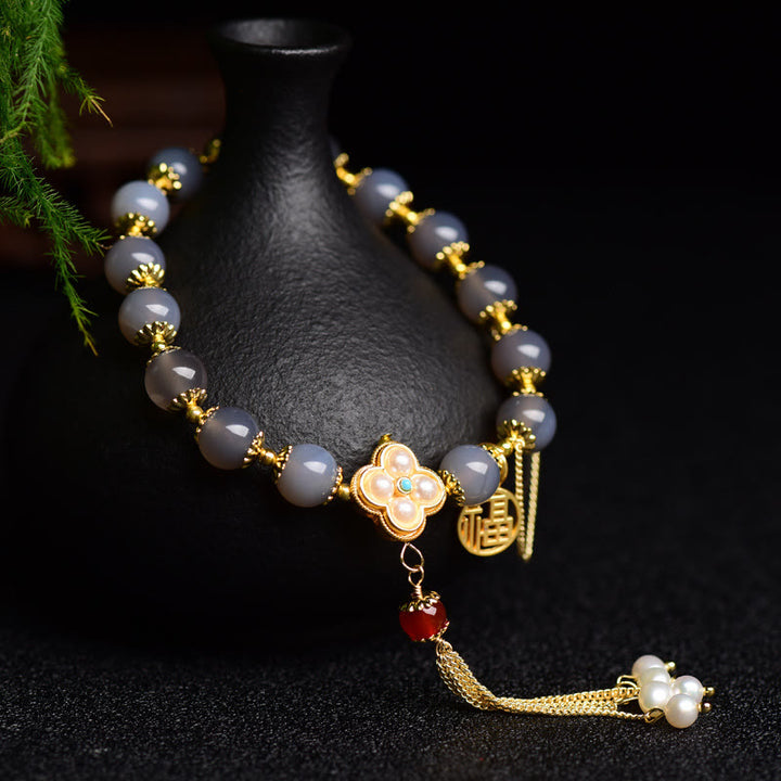 Buddha Stones Natuurlijke grijze agaat Fu karakter parel kwastje Armband - image 1