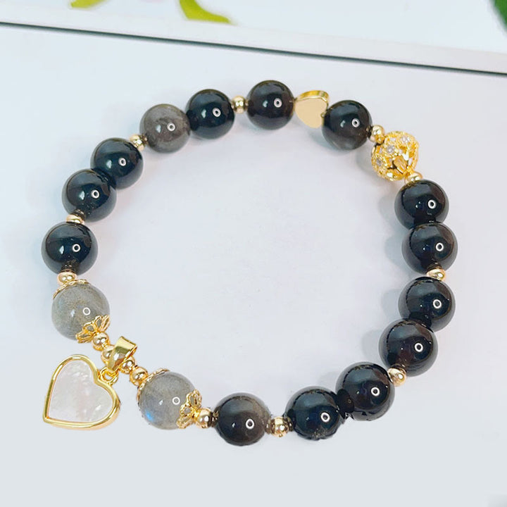 Buddha Stones Armband van obsidiaan met natuurlijke zilverglans, hart, ster en bloem. - image 2