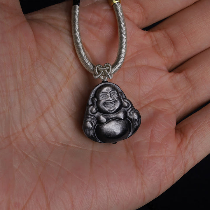 Buddha Stones Natuurlijke zilverkleurige obsidiaan lachende Boeddha Ketting - image 6