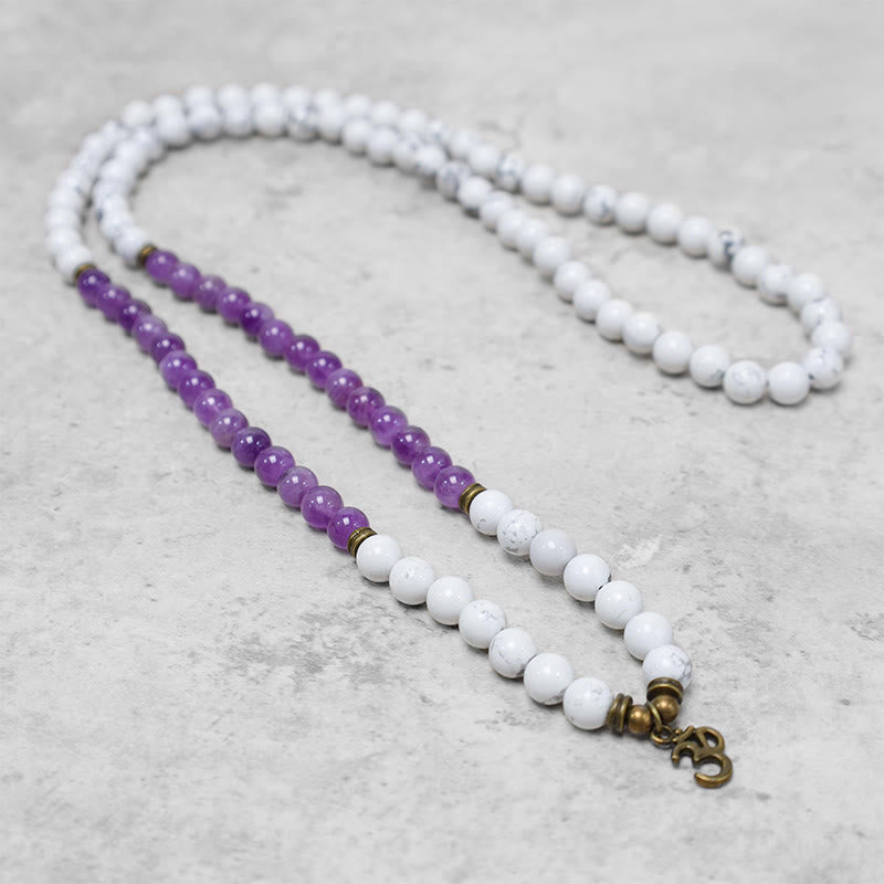 Buddha Stones 108 Mala kralen van amethist en witte turkoois. OM helende meditatie Armband. - image 1