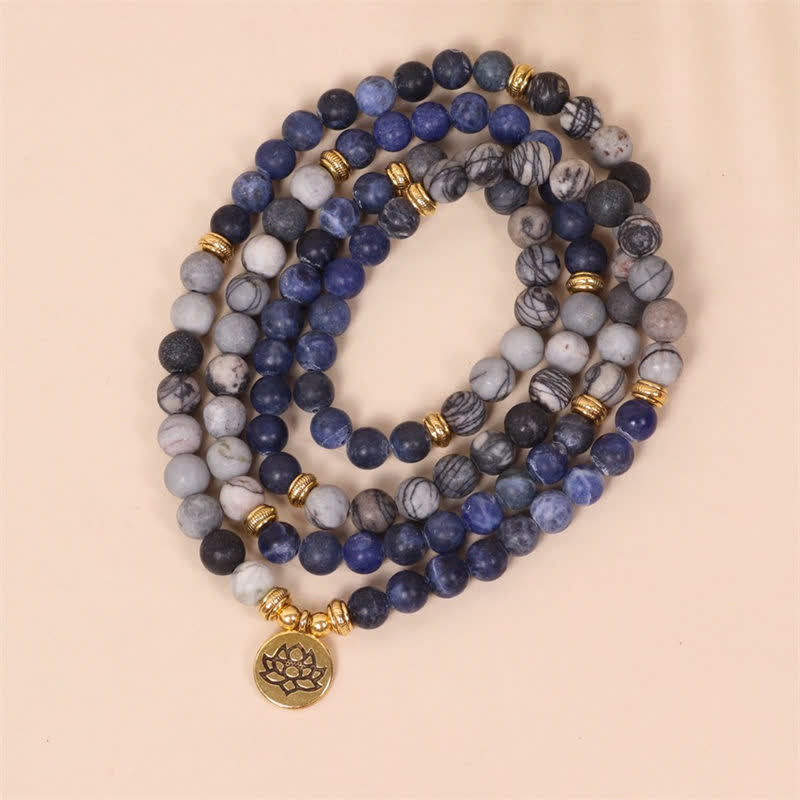 Buddha Stones 108 Mala kralen Sodalite Zebra Jaspis Kristal Lotus Armband - image 1