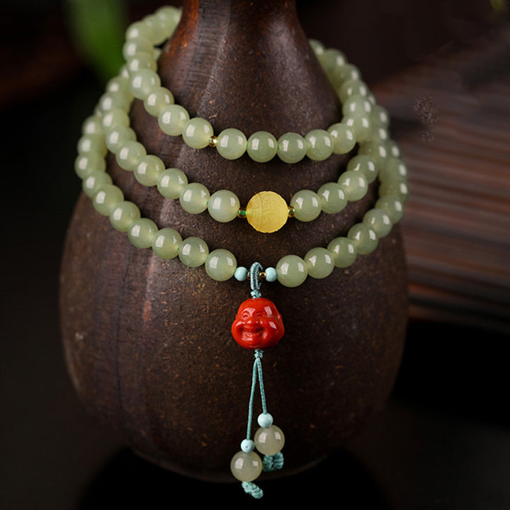 Buddha Stones Armband met lachende Boeddha, symbool van jade, rode agaat en amber. - image 3