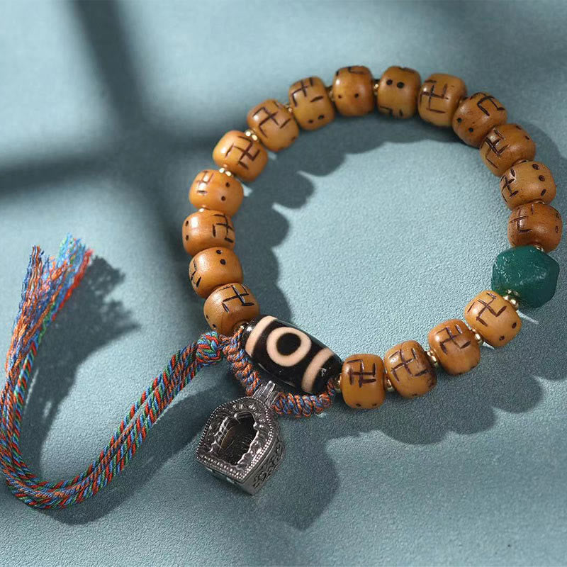 Buddha Stones Natuurlijke Tibetaanse Kameel Bot Swastika Dzi Kraal Shankha Boeddha Charme Kirtimukha Geluk Bescherming Kwastje Armband - Kameelbot & Dzi-kraal (Polsomtrek 15-16 cm) - image 0