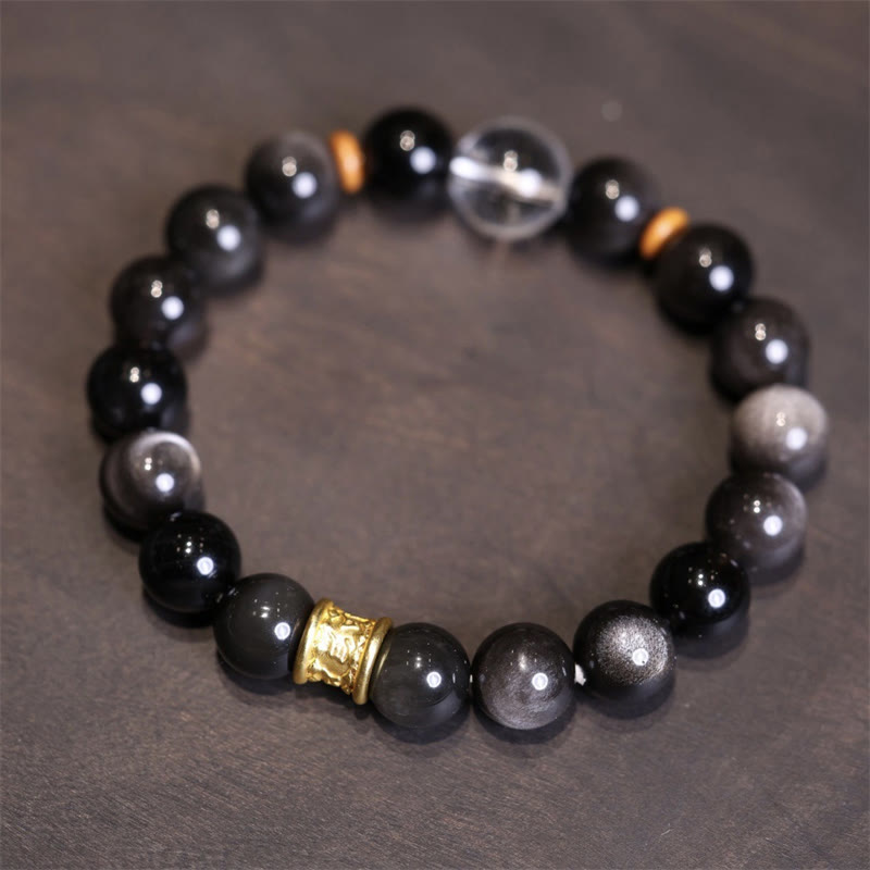 Buddha Stones Armband van obsidiaankristal met natuurlijke zilverglans en Om Mani Padme Hum -kralen. - Zilverglans obsidiaan wit kristal - image 0