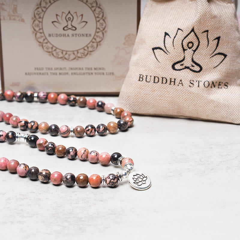 Buddha Stones 108 Mala kralen, rhodoniet, lotus, compassie- Armband - image 4