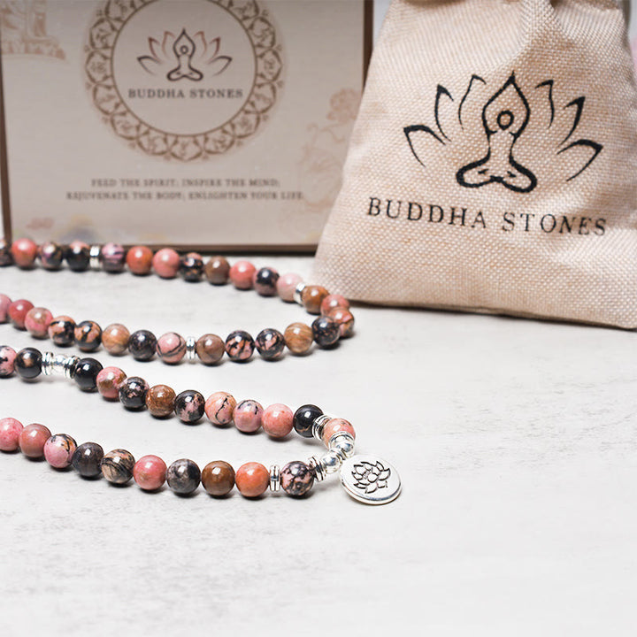 Buddha Stones 108 Mala kralen, rhodoniet, lotus, compassie- Armband - image 4