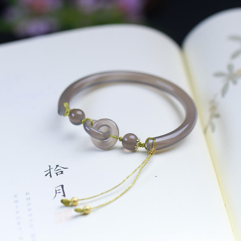 Buddha Stones Natuurlijke grijze agaat Bangle-armband met dubbele vredesgesp - image 5