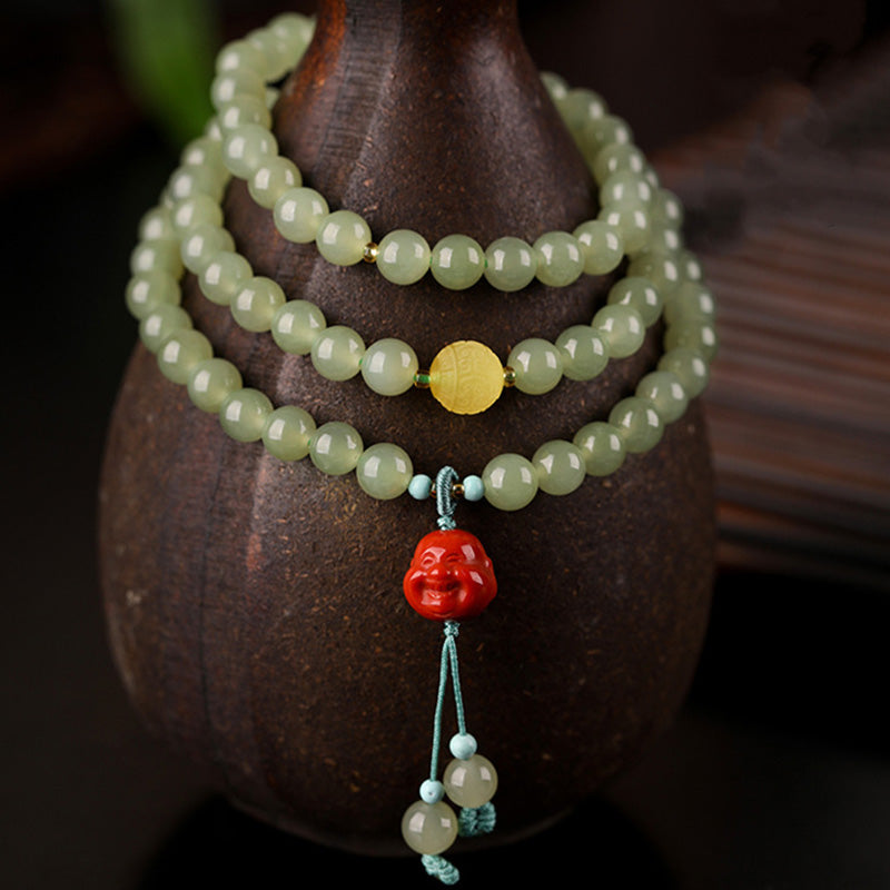 Buddha Stones Armband met lachende Boeddha, symbool van jade, rode agaat en amber. - image 6