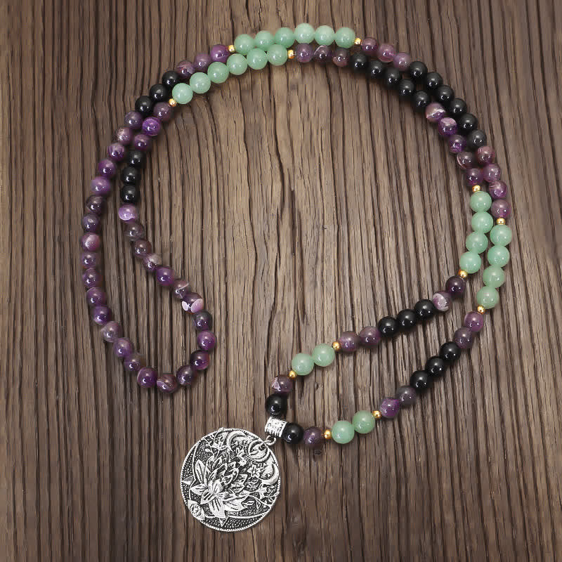 Buddha Stones Armband met 108 Mala kralen, amethist, groene aventurijn en lotusmotief. - image 1