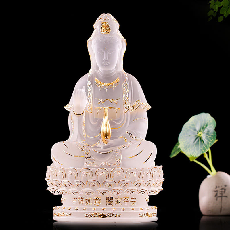 Buddha Stones Kwan Yin Avalokitesvara handgemaakt beeldje van Liuli-kristal, kunstwerk, rijkdombeeld, huisgeschenk, decoratie - 23 cm Wit & Goud - image 0