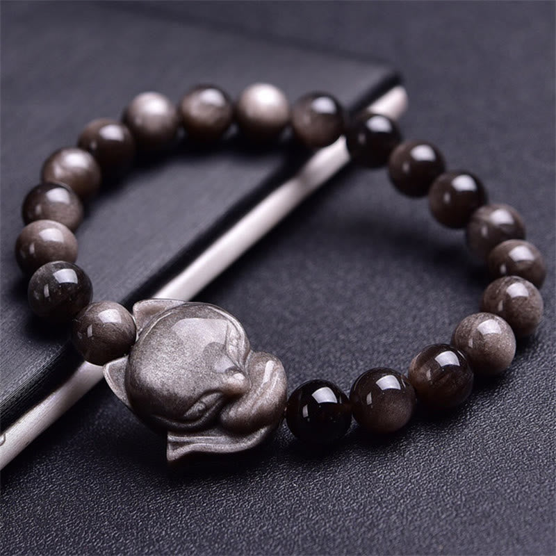 Buddha Stones Armband van obsidiaan met natuurlijke zilverglans en vossenmotief - 10mm - image 0