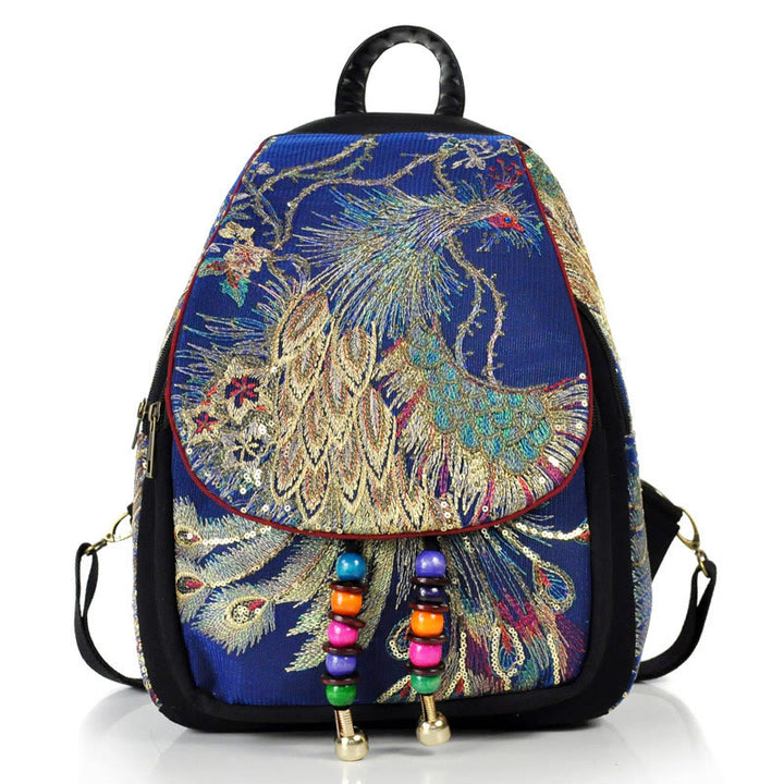 Buddha Stones Rugzak van canvas met pauwenborduurwerk en kwastjes - Donkerblauwe pauw - image 18