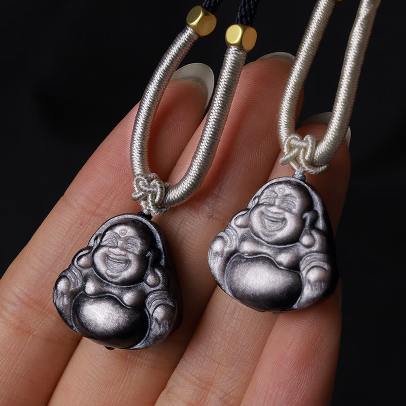 Buddha Stones Natuurlijke zilverkleurige obsidiaan lachende Boeddha Ketting - image 8