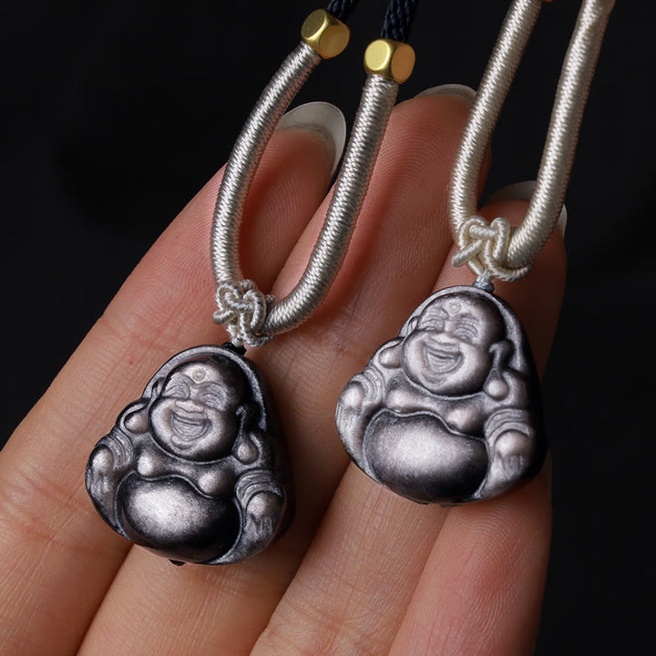 Buddha Stones Natuurlijke zilverkleurige obsidiaan lachende Boeddha Ketting - image 8