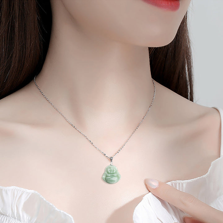 Buddha Stones Laughing Buddha Jade Blessing Titanium Steel Chain Ketting Pendant - image 2