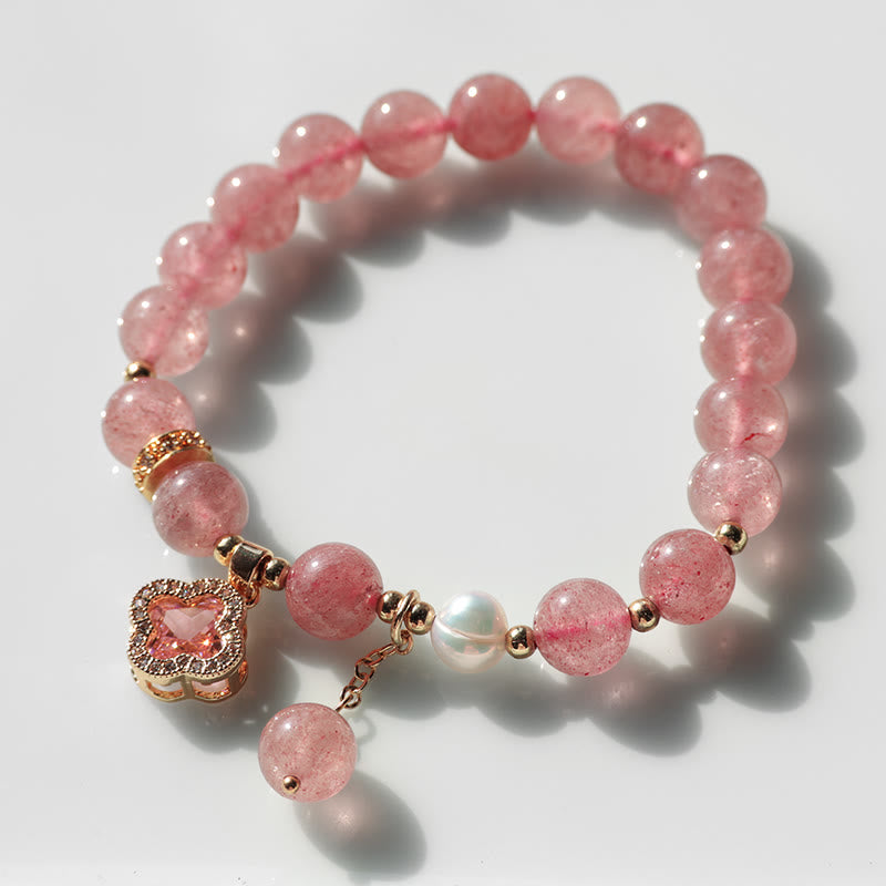 Buddha Stones Aardbeikwarts parel klavertje vier bedeltje helende Armband - image 8