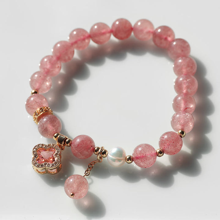 Buddha Stones Aardbeikwarts parel klavertje vier bedeltje helende Armband - image 8