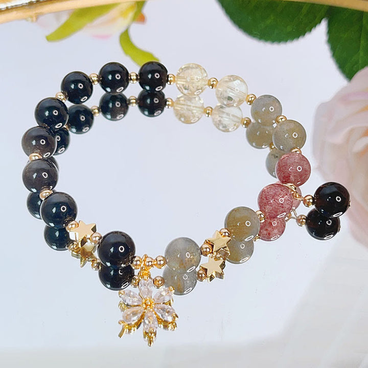 Buddha Stones Armband van obsidiaan met natuurlijke zilverglans, hart, ster en bloem. - Zilverglans Obsidiaan &amp; Bloem - image 10