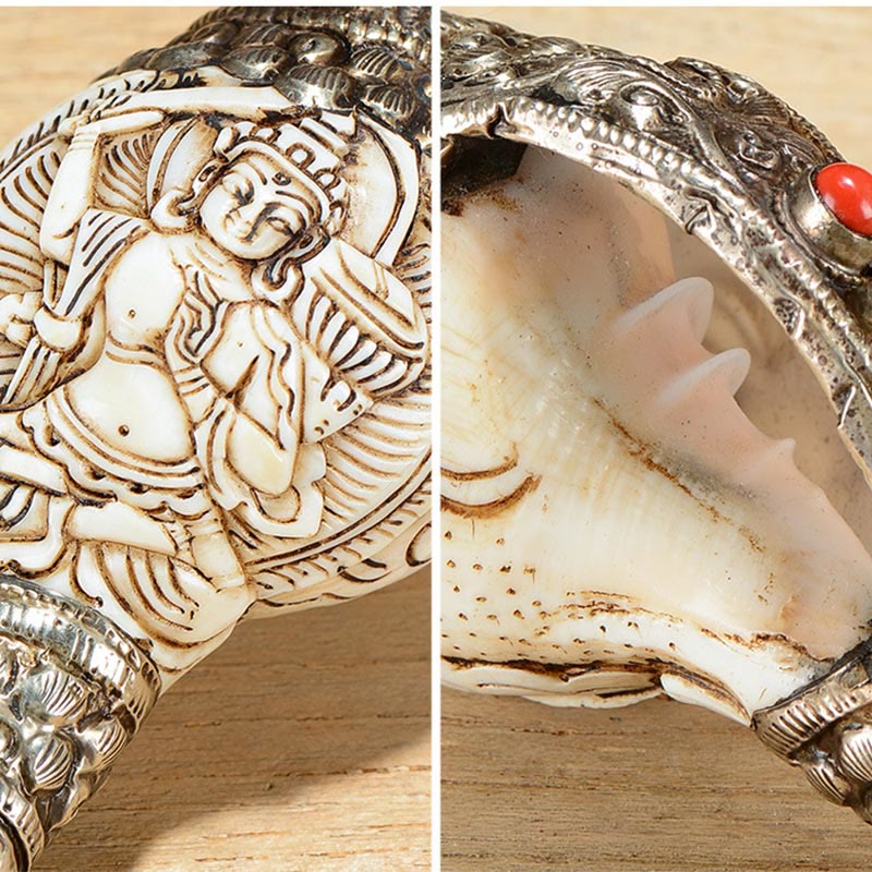 Tibetaanse handgemaakte gegraveerde Shankha Boeddha schelp decoratie, symbool voor welvaart en positiviteit. - image 8