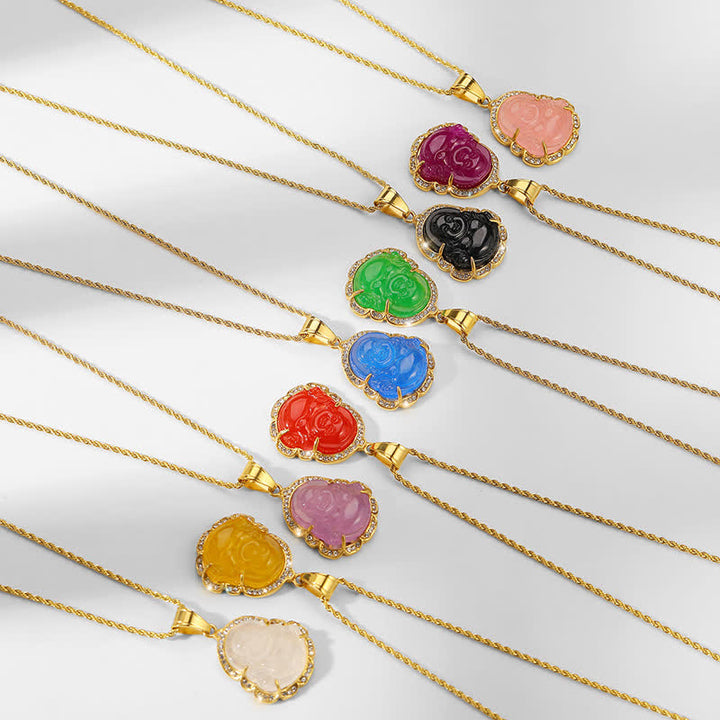 Buddha Stones Ketting met lachende Boeddha van jade, 18 karaats verguld - image 0
