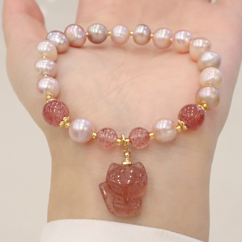 Buddha Stones Armband met bedeltjes van natuurlijke parel en aardbeikwarts, schattige vos, liefde en helende werking - Parel- en aardbeienkwarts - image 0