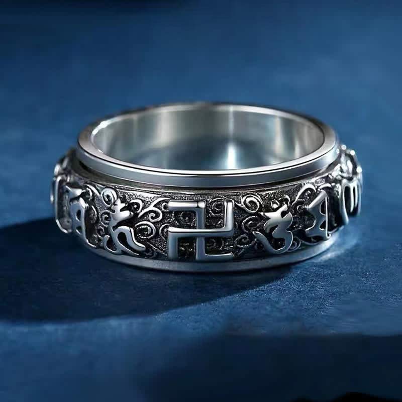 Buddha Stones Draaibare Ring van koper met de tekst "Zes Ware Woorden" en een hakenkruis - VS11 - image 0