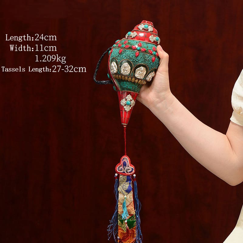 Tibetaanse handgemaakte Shankha Om Mani Padme Hum Boeddha Avalokitesvara Turquoise Conch Shell Positieve decoratie - Rode turkoois 24*11cm - image 1