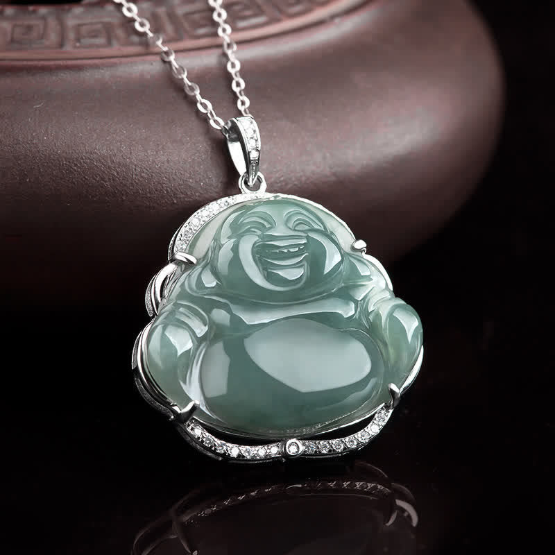 Buddha Stones Laughing Buddha Ketting van natuurlijke jade met hanger van titaniumstaal - image 1
