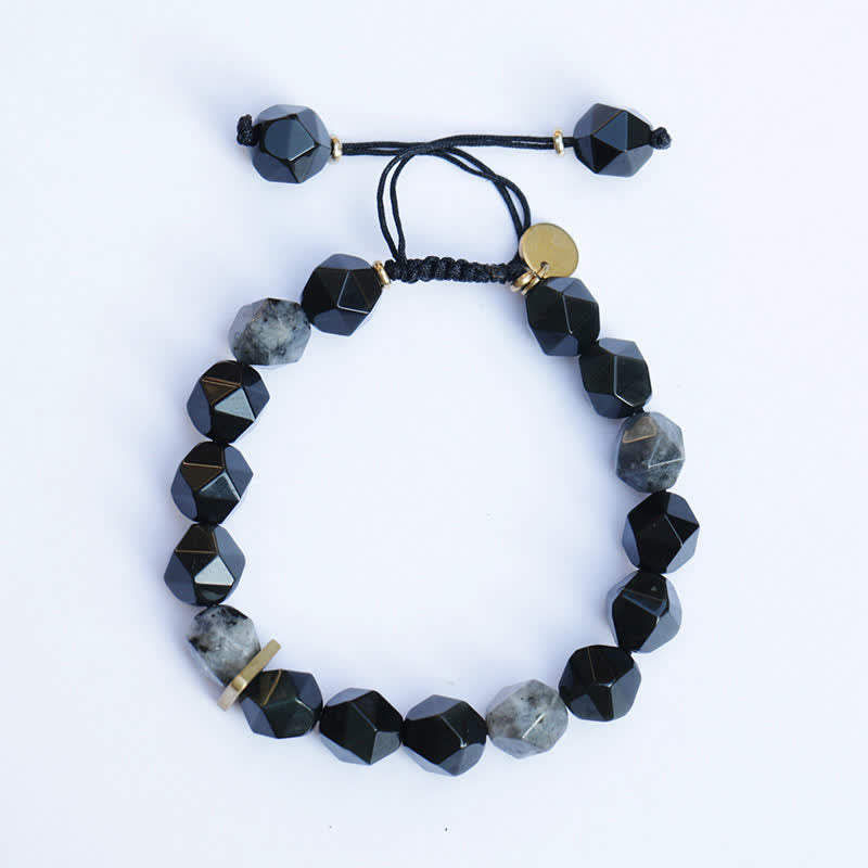 Buddha Stones Zwarte obsidiaan, zwarte glittersteen, Armband - Prismatische kralen - 17-21 cm - image 1