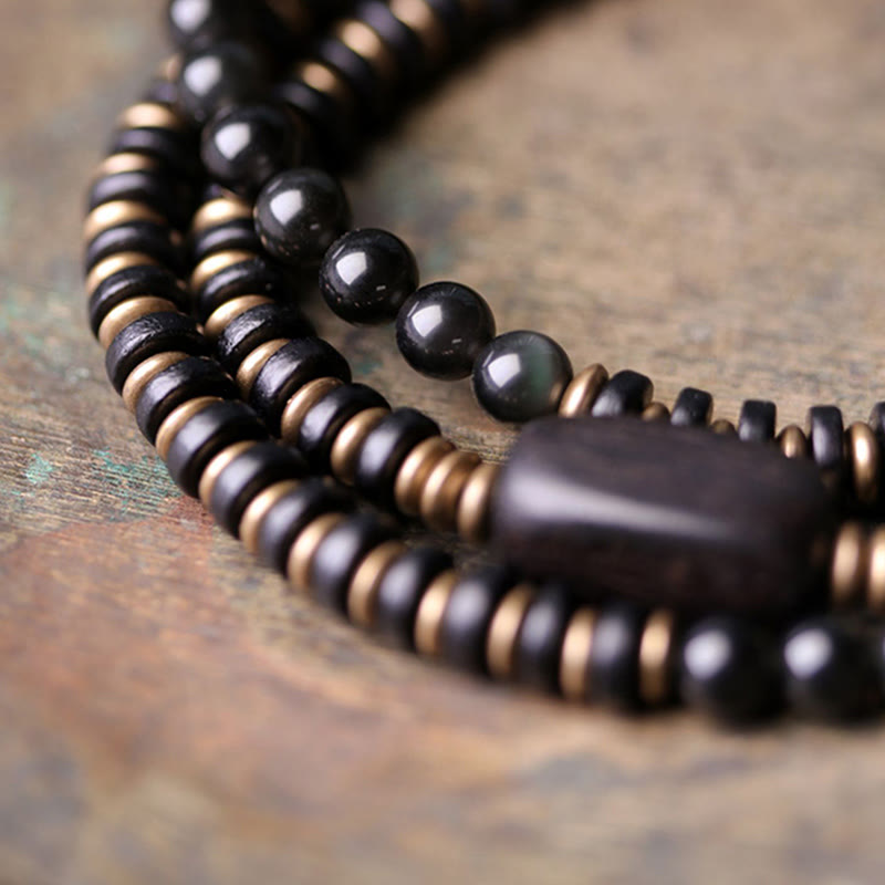 Buddha Stones Regenboog Obsidiaan Ebbenhout Koper Genezende Drievoudige Armband - image 12