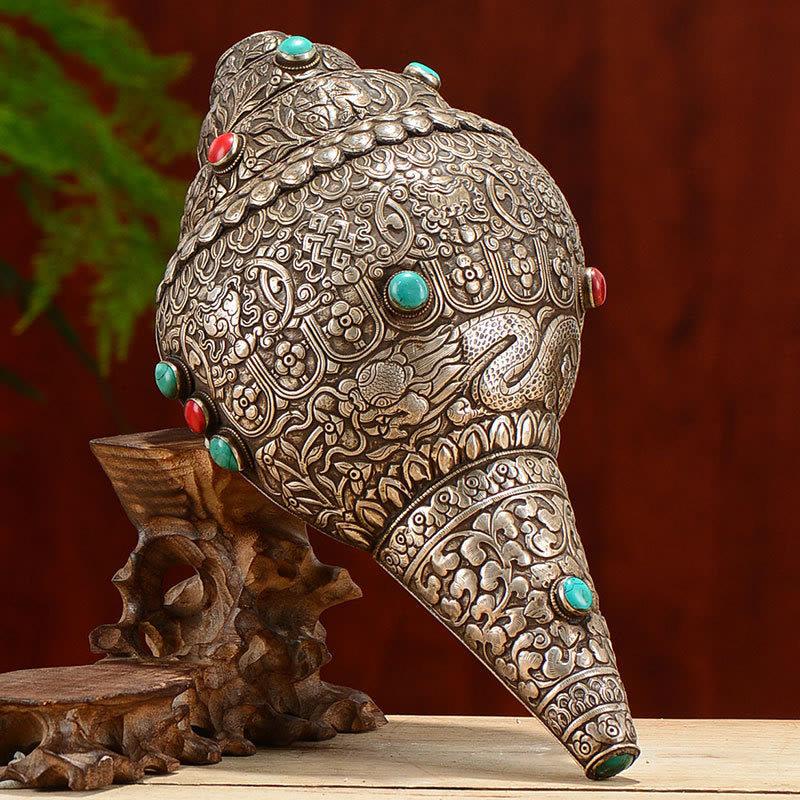 Buddha Stones Tibetaanse handgemaakte natuurlijke Shankha gegraveerd met acht gelukssymbolen, schelp geluksdecoratie voor thuis - 27,5*15 cm - image 0