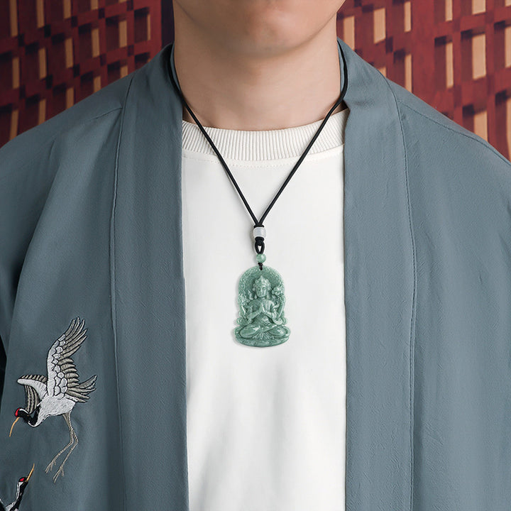 Buddha Stones Vierarmig Avalokitesvara amulet van natuurlijke jade met Ketting. - image 2