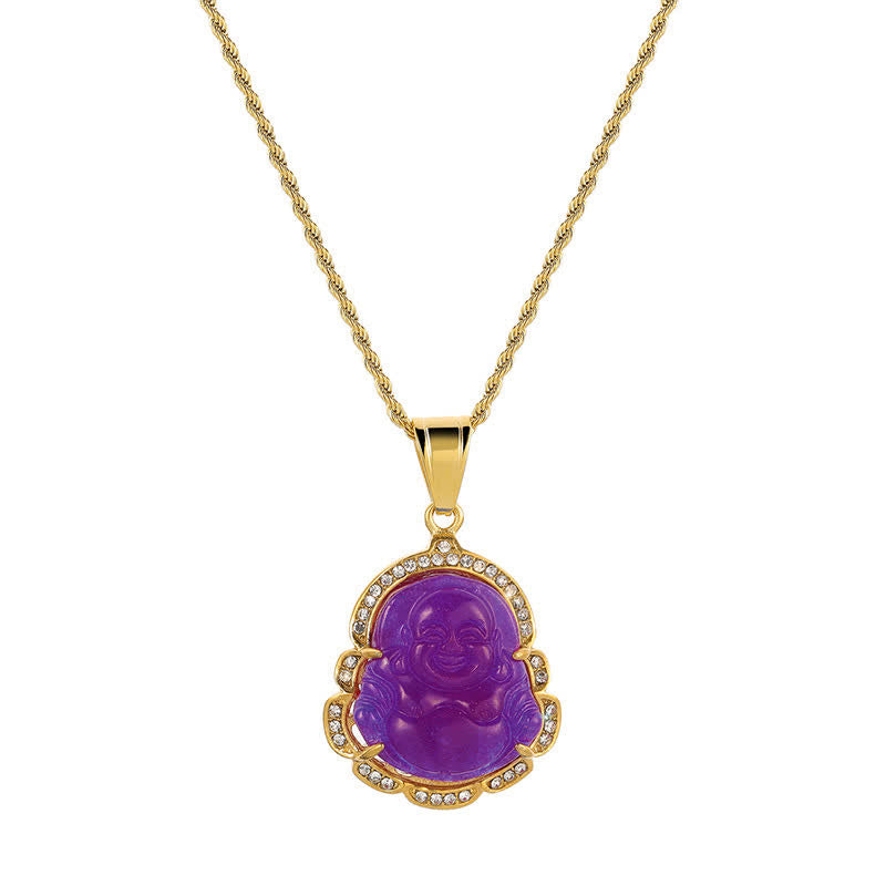 Buddha Stones Ketting met lachende Boeddha van jade, 18 karaats verguld - Paars - image 17