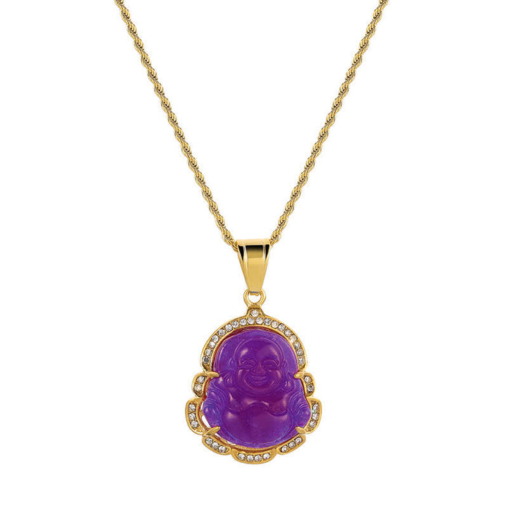 Buddha Stones Ketting met lachende Boeddha van jade, 18 karaats verguld - Paars - image 17