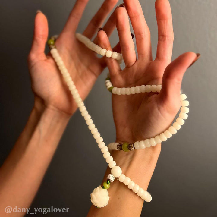 Buddha Stones Witte jade Bodhi Lotus Mala Harmonie Ketting en Armband - image 19