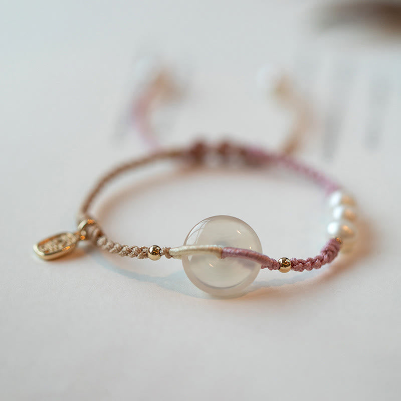 Buddha Stones Ronde chalcedoon vredesgesp positieve koord Armband - Roze Beige - image 7