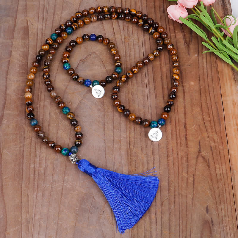 Buddha Stones 108 Mala kralen Tijgeroog Boeddha Kracht Armband Kwastje Ketting Hanger - image 0