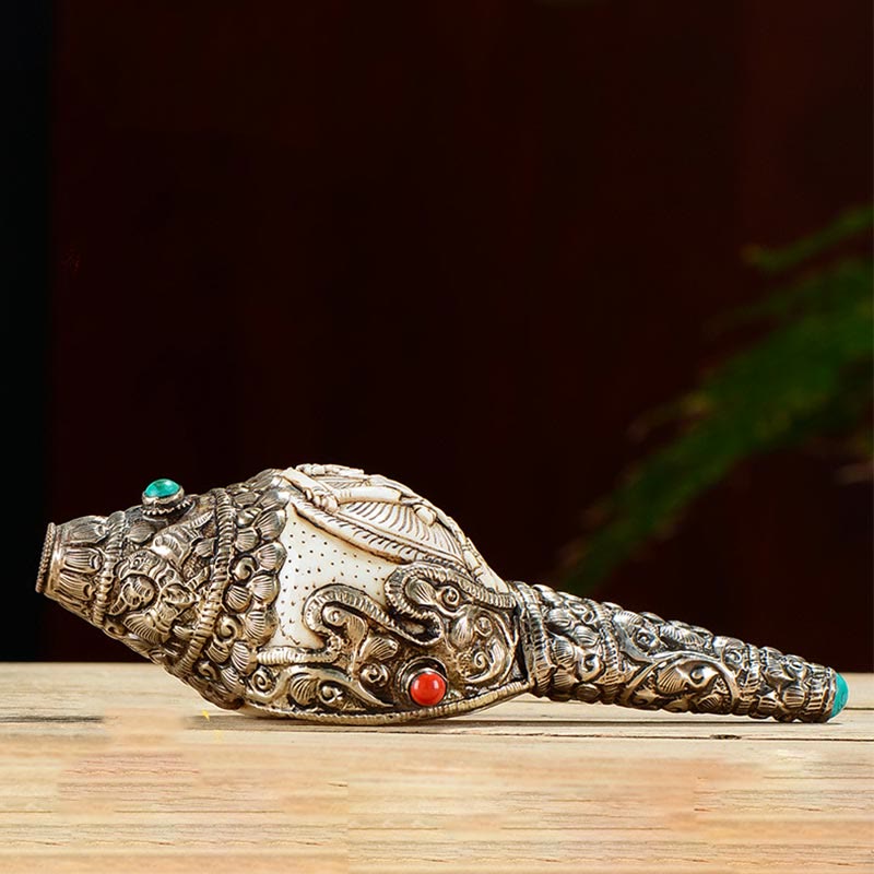 Tibetaanse handgemaakte gegraveerde Shankha Boeddha schelp decoratie, symbool voor welvaart en positiviteit. - image 1